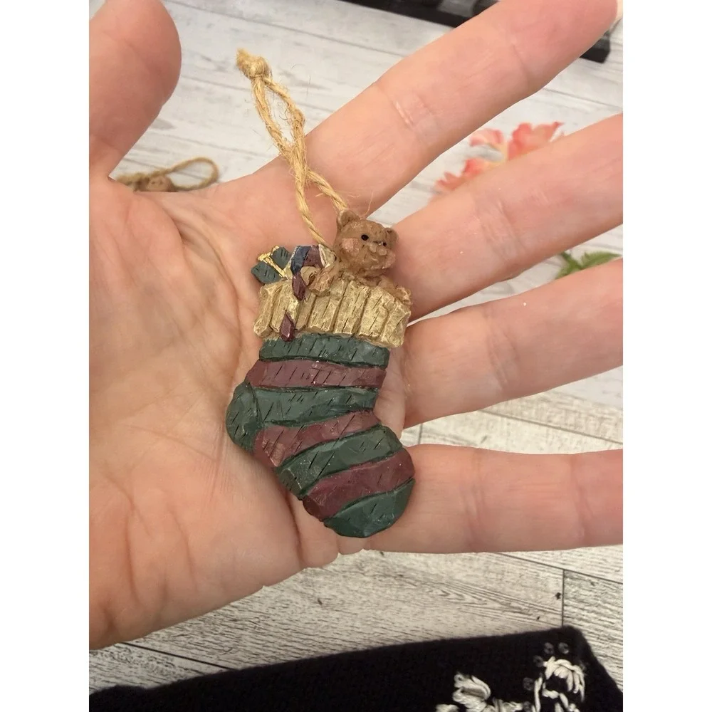 Vintage Y2K Primitive Country Ornaments Set Of 6 Angel Snowman Stocking Santa 2